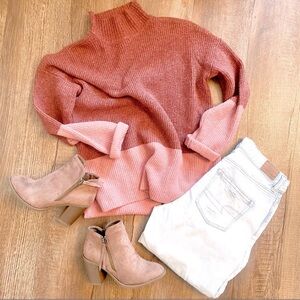 Olive & Oak rust coral pink M medium Colorblock mock neck Turtleneck Sweater top
